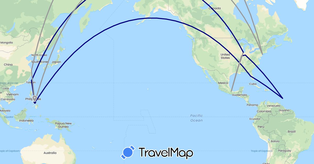 TravelMap itinerary: driving, plane in Barbados, China, Philippines, Taiwan, United States (Asia, North America)
